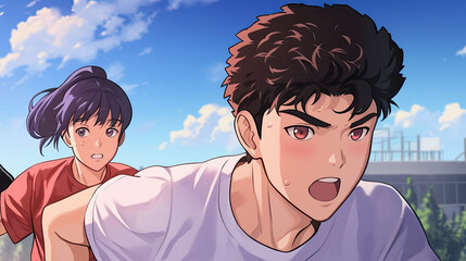 two young men standing in a city with a blue sky and an anime school relay race in the background fe
