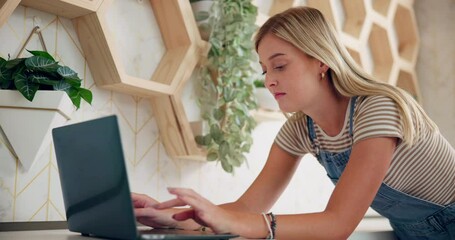 Aufkleber - Education, research and woman with laptop, home and typing of assignment for college, online and serious. Digital, university student and person with knowledge for project, studying and scholarship