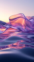 Poster - Curved glossy ribbons dance gracefully atop calm waters, reflecting soft purple gradients as golden sunlight bathes the serene natural landscape in enchanting hues