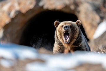 a grizzly bear mid-roar while emerging from its natural cave, embodying the fierce spirit of wildlif
