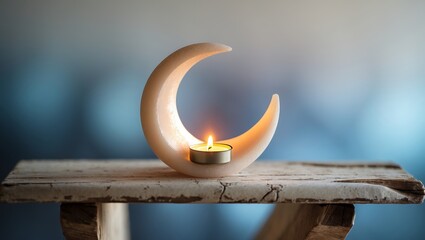 Poster - candle holder shaped like a crescent moon on a rustic wooden table with soft lighting