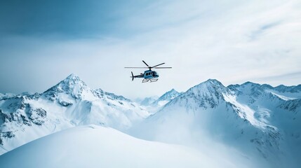 Poster - Helicopter is flying over snowy mountain peaks in a beautiful winter landscape, offering breathtaking views of nature's grandeur and the thrill of adventure