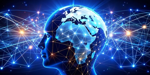 Poster - Global connectivity visualized through an abstract representation of a human head with network lines and the world map