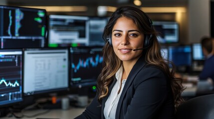Poster - Professional woman with headset analyzes data in a modern office environment