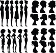 © Mdibrahim - Set of female cameo silhouette with full and half body collection. Side view woman or leady face and body shape. Fashionable female model black cameo silhouette art illustration.
