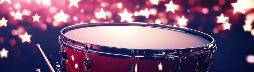 Poster - A vibrant red drum with a shiny surface, set against a background of sparkling stars, creating a festive and musical atmosphere, Casimir Pulaski Day