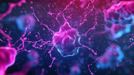 Poster - Glowing cell emitting particles in a digital background representing biotechnology