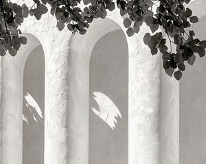 Poster - Modern arches, sunlit pillars, leafy branches. Architectural design