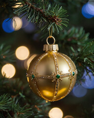 Wall Mural - Close-up of a shiny gold Christmas ornament hanging on a green pine branch with blurred lights