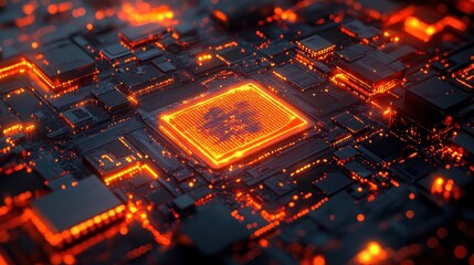 Poster - Glowing CPU chip on circuit board, technology background, data processing