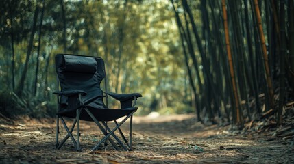 Poster - A black folding chair sits on a dirt path in a bamboo forest.