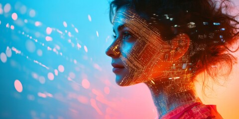 Poster - A thoughtful woman gazes into the future. Her profile is highlighted with bright colors and digital designs. This artistic style blends technology with human emotion. AI