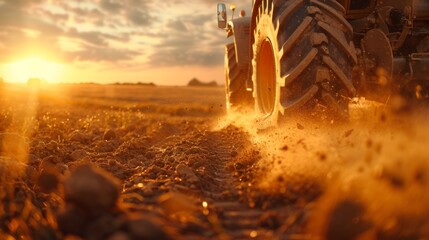 Poster - A tractor plows through a sunny field as the sun sets, casting a warm glow over the landscape and stirring up clouds of dust in the warm evening air.