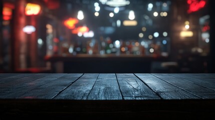 Poster - Dark wooden table providing ample space for product display with blurred bar interior background