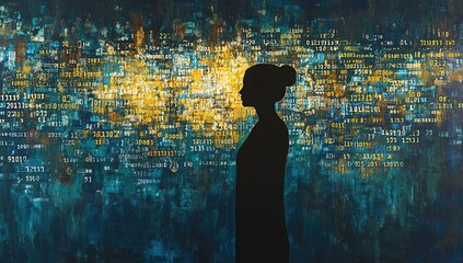 Poster - Abstract Digital Art: Woman Silhouette Against Binary Code Background, Deep Blue and Gold Hues, Intricate Design