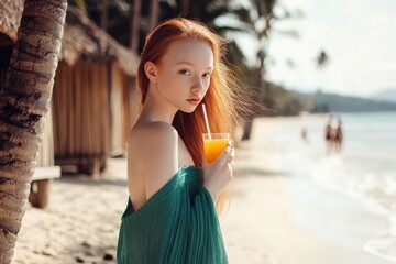 Wall Mural - Young woman enjoying a refreshing drink on a tropical beach