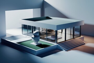 Poster - Modern minimalist house with glass walls, showcasing a sculpture in its courtyard.