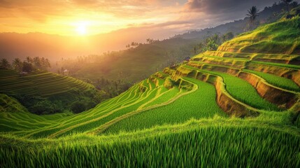 Poster - Jatiluwih Rice Terraces in Bali at sunset creating an idyllic landscape