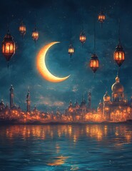 Poster - Crescent moon, lanterns, and illuminated cityscape reflected in water at night.