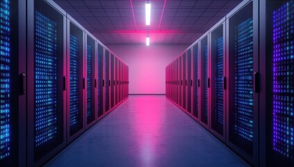 Poster - Server room with blue and purple lights illuminating data center
