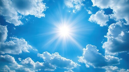 Poster - Bright Sunlight Shining Through a Vibrant Blue Sky with Soft, Fluffy Clouds Creating a Serene and Peaceful Atmosphere in Nature