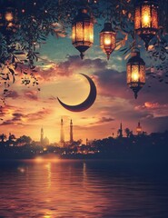 Poster - Ramadan sunset with crescent moon, lanterns, and city skyline reflected in water.