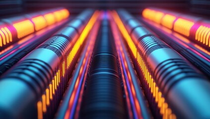 Poster - Futuristic server racks emitting vibrant, colorful lights in a modern data center