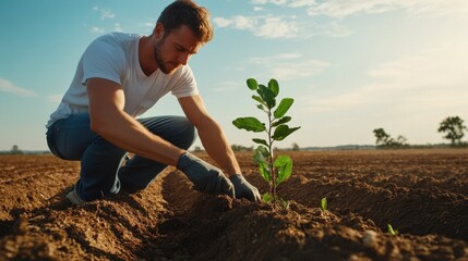 Poster - A man is planting a tree in a field