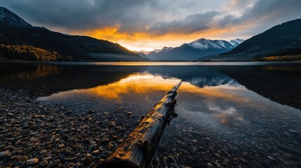 Poster - A log is floating in a lake with a beautiful sunset in the background