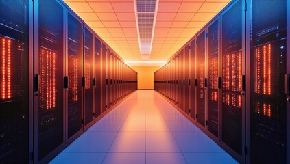 Poster - Server cabinets illuminating data center with warm light in digital network concept