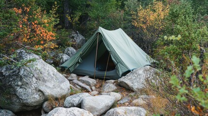Poster - A green tent nestled amongst rocks and autumnal foliage in a forest.