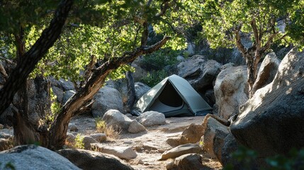 Poster - A green tent nestled amongst rocks and trees in a shady grove.