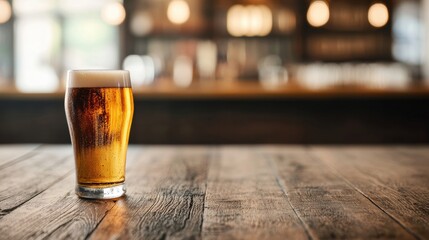 Poster - Cold glass of beer standing on wooden table in pub