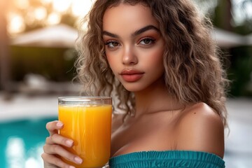 Wall Mural - Woman holding a refreshing glass of orange juice by the poolside