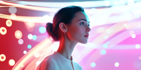 Poster - A thoughtful woman gazes into the distance, illuminated by colorful glowing lights. This image captures a modern and artistic vibe. Ideal for creative projects and digital content. AI