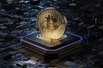 Poster - A golden Bitcoin rests on a computer chip, symbolizing cryptocurrency's technological foundation.