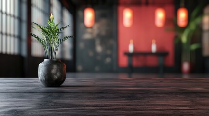 Aufkleber - Dark wooden table with plant vase in blurred chinese restaurant background
