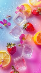 Wall Mural - Vibrant summer fruits, ice cubes, and flowers on a colorful background.