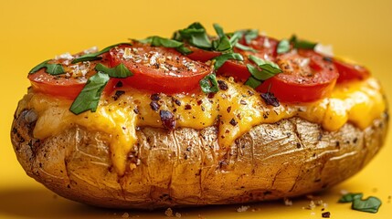 Wall Mural - A delicious baked potato topped with melted cheese, fresh tomatoes, and basil on a vibrant yellow background.