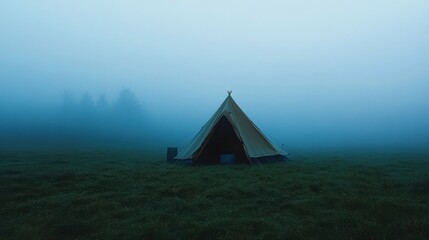 Poster - A lone tent sits in a misty field at dawn.