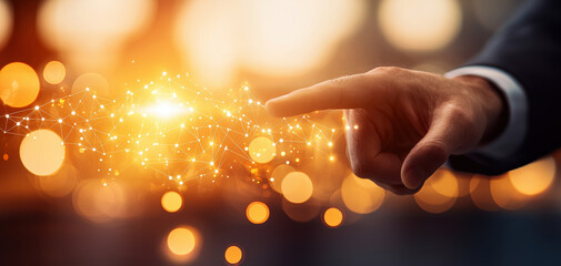 Fototapete - corporate leader pointing at interconnected glowing lines, symbolizing innovation and technology. warm colors evoke sense of inspiration and creativity