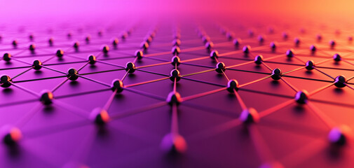 Poster - vibrant network of interconnected nodes forms geometric pattern, showcasing blend of purple and orange hues. This abstract design symbolizes connectivity and technology