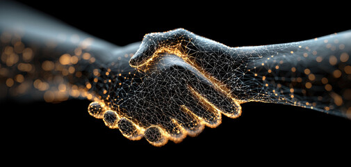 Fototapete - Futuristic handshake symbolizing trust and collaboration with glowing connections. This represents partnership and innovation in digital world