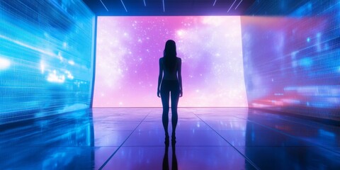 Aufkleber - A solitary figure stands at the edge of a vibrant digital universe. The luminous colors create a futuristic atmosphere. This image symbolizes exploration and technology. AI