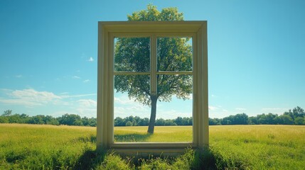 Aufkleber - A lush green tree viewed through a window frame in a vibrant field under a sunny sky.