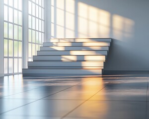 Aufkleber - Modern stairway bathed in morning sun, minimalist interior design, perfect for product placement