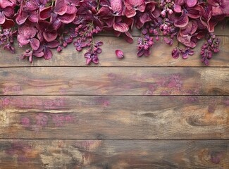 Wall Mural - Lilac flowers on a wooden background with copy space for text. Greeting card or banner design. Spring concept. 