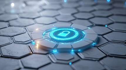 Poster - Digital security concept with a glowing blue lock and circuit patterns over a white hexagonal grid.