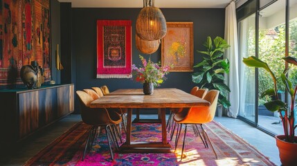 Poster - A modern dining room with a long wooden table, colorful rugs, and eclectic decor.