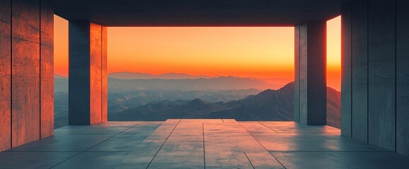 Poster - Modern structure overlooking sunset mountain range